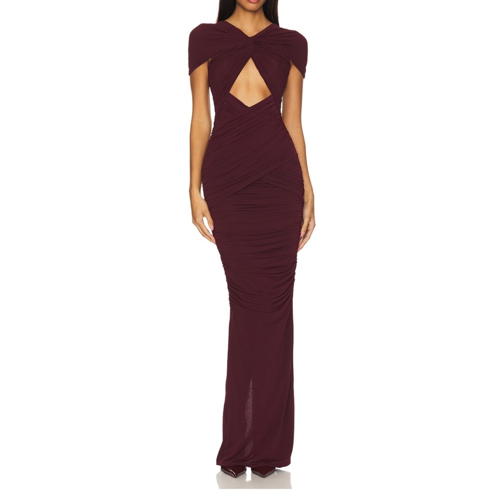 Ronny Kobo Collection One Shoulder Dress in Burgundy